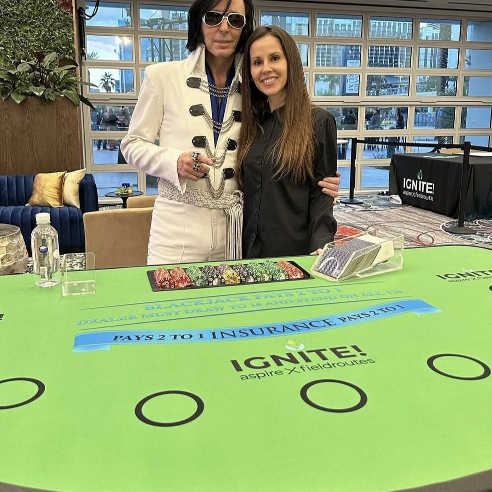 Guests at a custom blackjack table at a Salt Lake City corporate casino party