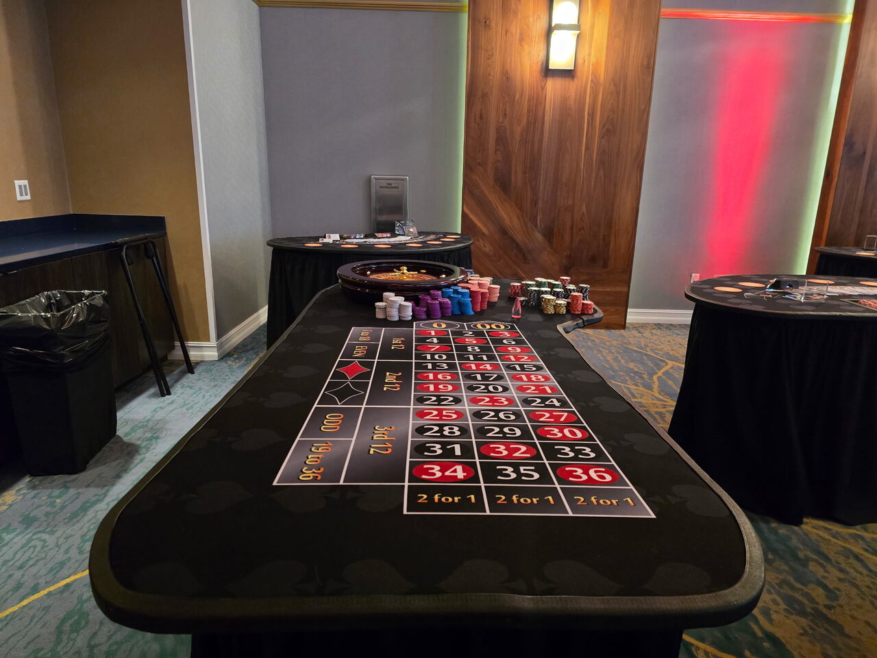 Roulette table set up in a hotel ballroom for a Salt Lake City casino party